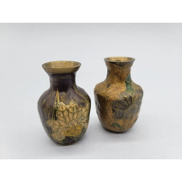 Pair Brass Enamel Floral Cloisonne Vases Miniature 2 inches - Picture 11 of 12